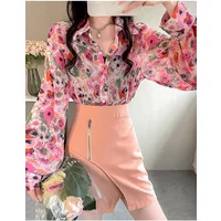 Fashionable and Stylish Floral Pink Shirt for Women in Spring 2024 Thin Top Chiffon Shirt for Women Slim Lantern Sleeve Shirt