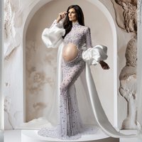 Pregnant Women Photo Shoot Dress Elegant Sparkly Rhinestone Evening Dress Sexy See Through Elastic Maternity Dresses