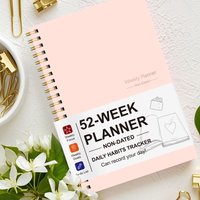 52 Week Weekly Planner Non Dated A5 Spiral Notebook with Habit Tracker Weekly Goals to Do List Productivity Journal Pink