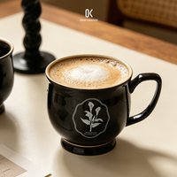 Vintage Black Ceramic Coffee Mug with Gold Rim Calla Lily Flower Large Tea Cup Dishwasher Microwave Safe Water Mug Gift