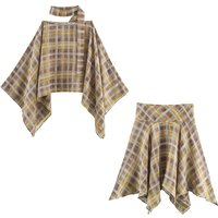 Chic Fashion Plaid Midi Skirts Two Piece Sets For Women 2026 New Scarf Collar Cape Tops Women's Suits Elegant Woman Outfits