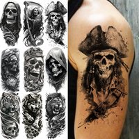 1 Blatt gruselige Sensenmann-Schädel, temporäre Tattoos, Halloween-Tattoos, langlebig, wasserdicht, Tiger, Wolf, Biest, gefälschte Tattoo-Aufkleber