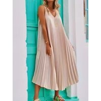 Summer New Vacation Style Pink Gauze Loose Lazy Midi Length Sleeveless Dress Beach Skirt V Neck Soft Comfortable a Line Skirt