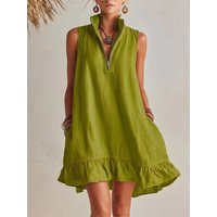 Summer Casual Loose Ruffles Mini Dresses Women Fashion Solid Zipper Sleeveless V-neck Short Dresses Ladies Holiday Party Dress