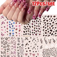 12Pcs/Kit 3D Sexy Leopard Bow Print Nail Art Stickers Christmas French Leopard Nail Decal DIY Adhesived Leapard Manicure Slider