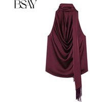BSAY 2026 Women's Burgundy Satin Halter Neck Top Sleeveless Cowl Neck Blouse With Tassel Scarf Tie Elegant Backless Tank Tops