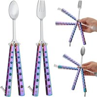 New Durable Stainless Steel Butterfly Folding Spoon Fork Outdoor Practice Training Balisong Training Tool Tableware Camping