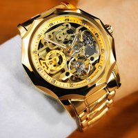 Forsining Luxury Watch for Men Gold Skeleton Automatic Mechanical Mens Watches Top Brand Luxury Stainless Steel Strap Wristwatch