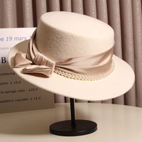 Autumn Winter French Light Luxury Pearl Bow Felt Flat Top Formal Hat Elegant British Style Lady Hat for Daily Party Dating