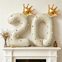 Large 40inch Cream-Colored Number Foil Balloons with Crown, Pom-Poms, and Adhesive Tabs, Suitable for Birthday Party Decorations, Baptism Parties, Party Supplies, Anniversaries, Weddings, Engagement