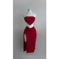 The 2025 summer new women's sexy slit strapless solid color half skirt fashion set