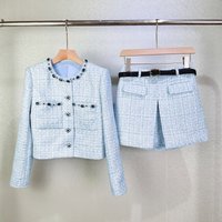 Elegant blue tweed skirt set women's rhinestone embroidered round neck long sleeved jacket luxury fashion two piece outfit