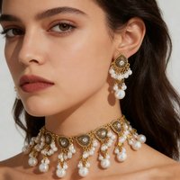 New Boho Imitation Pearl Tassel Necklace Earring Bride's Wedding Jewelry Vintage Crystal Water Drop Gold Color Choker Necklaces
