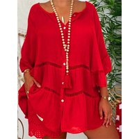 New Women's Spring Summer Seven Quarter Sleeved Cotton Linen V-neck Loose Button Hollow Out Oversized Casual Top Dress
