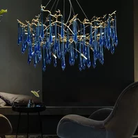 Copper Blue Crystal LED Chandelier, Custom Indoor Pendant for Villa Living Room & Cl