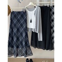 Spring Summer Plaid Mesh Fish Tail Half Skirt Women's Small Polka Dot Elegant Wrap around a Line Long Skirt Vintage Style