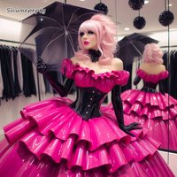 Shiny PVC Fuchsia Prom Dress Off-Shoulder Corset Floor Length Tiered Evening Gowns Customized Cosplay Party Costume