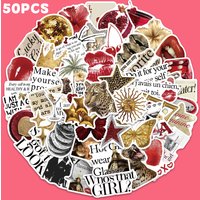 50pcs Gold&Red Retro Leopard Print Sticker Fashion Aesthetic Decal For Phone Laptop Luggage Guitar Skateboard Decoration Sticker