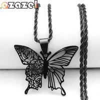 Gothic Black Butterfly Hollow Pendant Necklace for Women Men Stainless Steel Carving Flower Rose Insect Necklaces Jewelry N6121