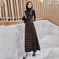 Wo2023 Autumn Winter New Vintage Plaid Strap Dress Sets New Knitting Tops + Long Suspenders Dress 2 Pieces Suit Women Outfit 4XL