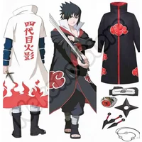 Anime Adult Mens Akatsuki Red Cloud Robe Cosplay Outfit Anime Ninja Uchiha Cloak with Matching Headband Halloween Prop Set