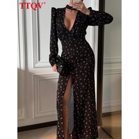 TTQV Sexy Slim Print Women's Dress 2026 Fashion V-Neck Long Sleeve Maxi Dresses Elegant Classic High Waist Slit Female Dress