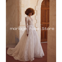Long Sleeve Princess Church Wedding Dresses V-neck Full Lace Applique Open Back Garden Bride Gown Customsized robe de mariée