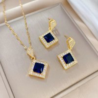 Gold Plated Blue Square Pendant Necklace Earrings Set 2Pcs Elegant Formal Crystal Jewelry Christmas Gift for Her