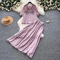 Women Skirt Set Two Piece Sets V Neck Short Sleeve Tops Long Skirts A Line High Waist Y2k Streetwear Elegant Casual Loose Summer