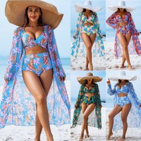 Women 3 Pieces Underwire Floral Bikini Set V Neck High Waist Swimsuit With Long Sleeve Kimono Cover Up Beach Bathing Suit