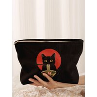 1 black cat pattern printed corduroy makeup bag, lightweight zipper makeup storage box, multifunctional bag with lining