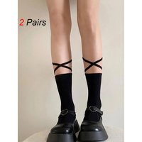 2 Pairs Jk Mid Tube Women Lace Up Socks Fashionable Versatile Black White Solid Color Cross Straps Comfortable Breathable Socks