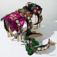 European and American Retro Luxury Heavy Sequin Flower Dragonfly Tassel Sponge Headband Shiny Gorgeous Party Hair Accessory