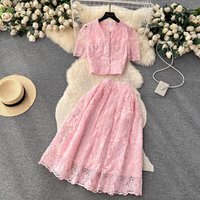 Runway Lace Two Pieces Set For Women Mesh Embroidery Flower Beaded Pockets Tops + A-Line Long Skirt Suit Female Outfit 8562