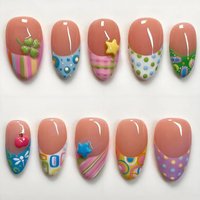 24PCS 3D Apple Star Cute Almond False Nails Colorful Polka Dots Pattern French Press on Nails Sweet Nude Ins Wearable Fake Nails