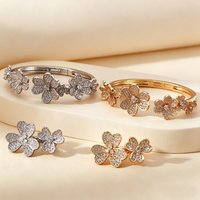 Elegant Four-Leaf Clover CZ Bangle & Ring Set Gold Plated Stackable Jewelry for Women Daily Wear Dating