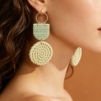 Assorted Sage Green Beige Geometric Clay Earrings Unique Woven Texture & Gold Bar Drop Lightweight Boho Statement Jewelry Gift
