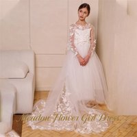 Meadow Pure White Princess Girls Dress Round Neck Long Sleeve First Communion Gown Bow At Back Children Birthday Wedding Dresses
