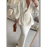 Elegant Solid Woolen Button Puff Sleeve Women Coat Suit Fashion High Waist Slim Long Skirt 2pcs Set Ladies High Street Outerwear