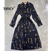 High Street Retro Print Dresses Women's Metal Decorative Long Sleeve Dress Long Streetwear Fashion Party Dress with Waist Belt