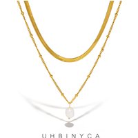 Stainless Steel Double Layer Chain Pearl Pendant Necklace Water Resistant Metal Fashion Statement Flat Snake Chain Jewelry