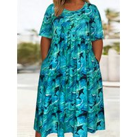 Plus Size Random Print Midi Dress, Round Neck Short Sleeve Casual Dress with Pockets for Curvy Women,Boho Loose for Curvy Women