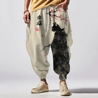 Vintage Japanese Heram Trouser Holiday Black Robe Cat Ink Art Print Pattern Casual Loose Drawstring Waist Commute Sweatpants