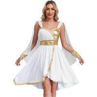 Women Ancient Greek Queen Athena Goddesses Cosplay Costume Chiffon Sleeveless Dress with Cuffs Halloween Theme Party Roman Toga