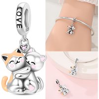 Cute Cat Hug Charms 925 Sterling Silver Pet Embracing Design Pendant Fit Original Charm Bracelets Women DIY Jewelry Gift
