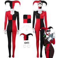 Weibliche Quinzel Cosplay Jumps uit Maske Kostüm Outfits für erwachsene Frauen Mädchen Halloween Karneval Anzug Rollenspiel Verkleidung Bodysuit