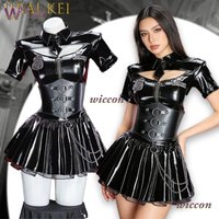 Sweetheart Police Gothic Uniform Cosplay Outfit Black PU Leather Corset Mini Skirt Set For Fans Lloween Carnival Role Play Party