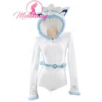Mobbunny PM Derivative Fluffy Bodycon Romper Sexy Lingeire White Blue Furry Hooded Bodysuit with Tail Belt and Socks