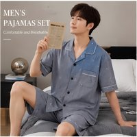 Men Cloud Cotton Pajamas Set Summer Short Sleeve Sleepwear Soft Breathable Printed Button Shirt Shorts Home Clothes Loungewear