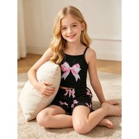 Girls' fashionable sleepwear set for summer, girls' outdoor casual bow letter pattern top vest shorts